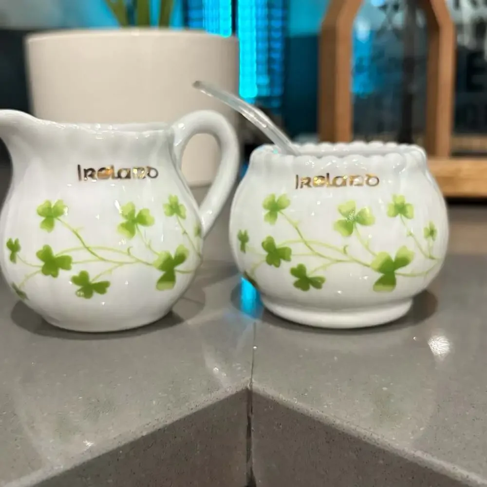 Vintage Ireland Shamrock Pattern Porcelain Creamer and Sugar Bowl Set